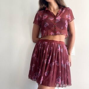 Free People | Burgundy "Florence" floral mesh crop top + mini skirt set | Size S